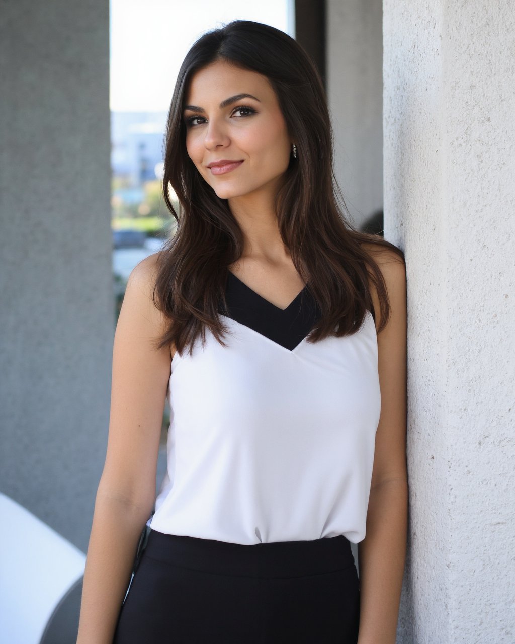 A portrait of victoria_justice standing outdoors,  leaning against a white wall. She wears a white and black sleeveless to...