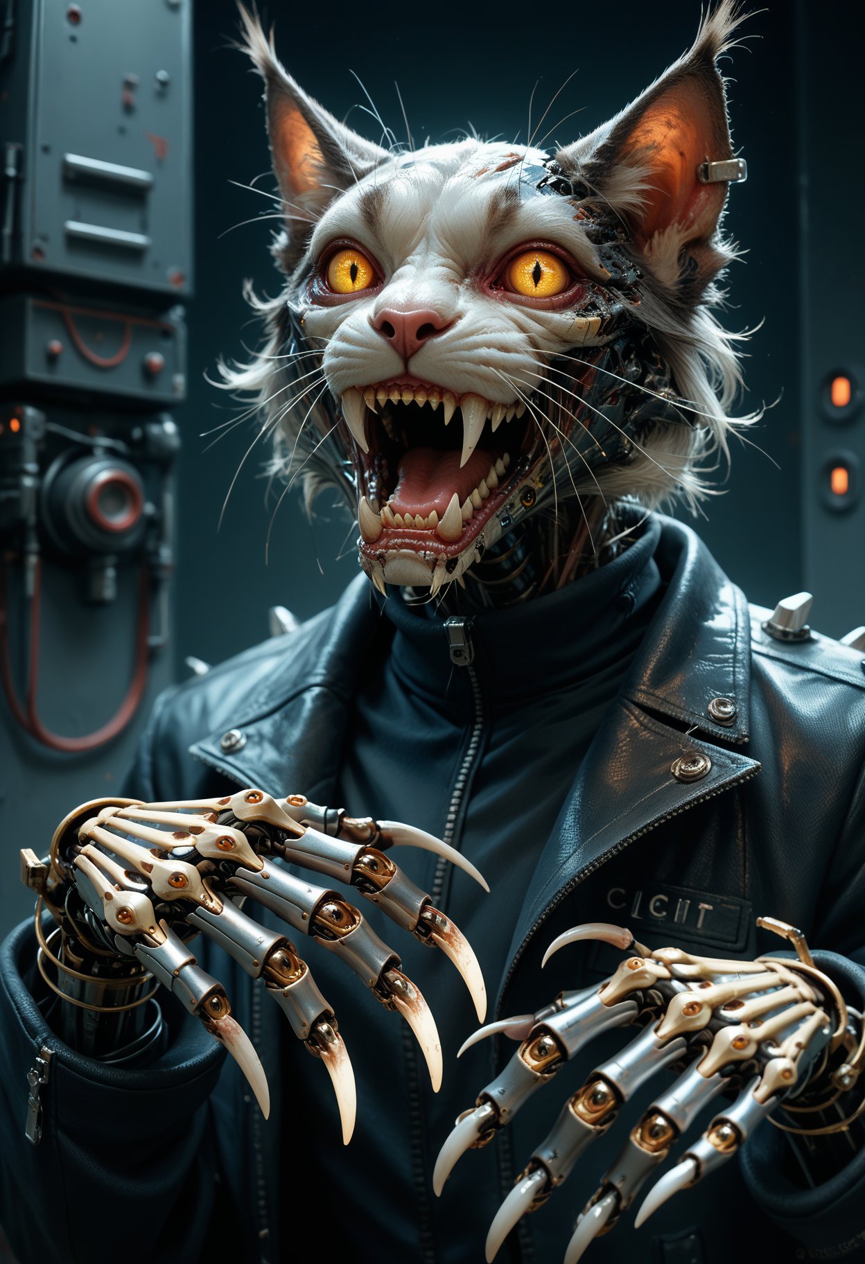 score_9,score_8_up,score_7_up,beast_quality,masterpiece,mechanical cat in tight gel coat,looking_at_viewer,stretch out your claws,sparkling claws,semi-mechanical,prosthetic eye,vicious eyes,tooth and claw,