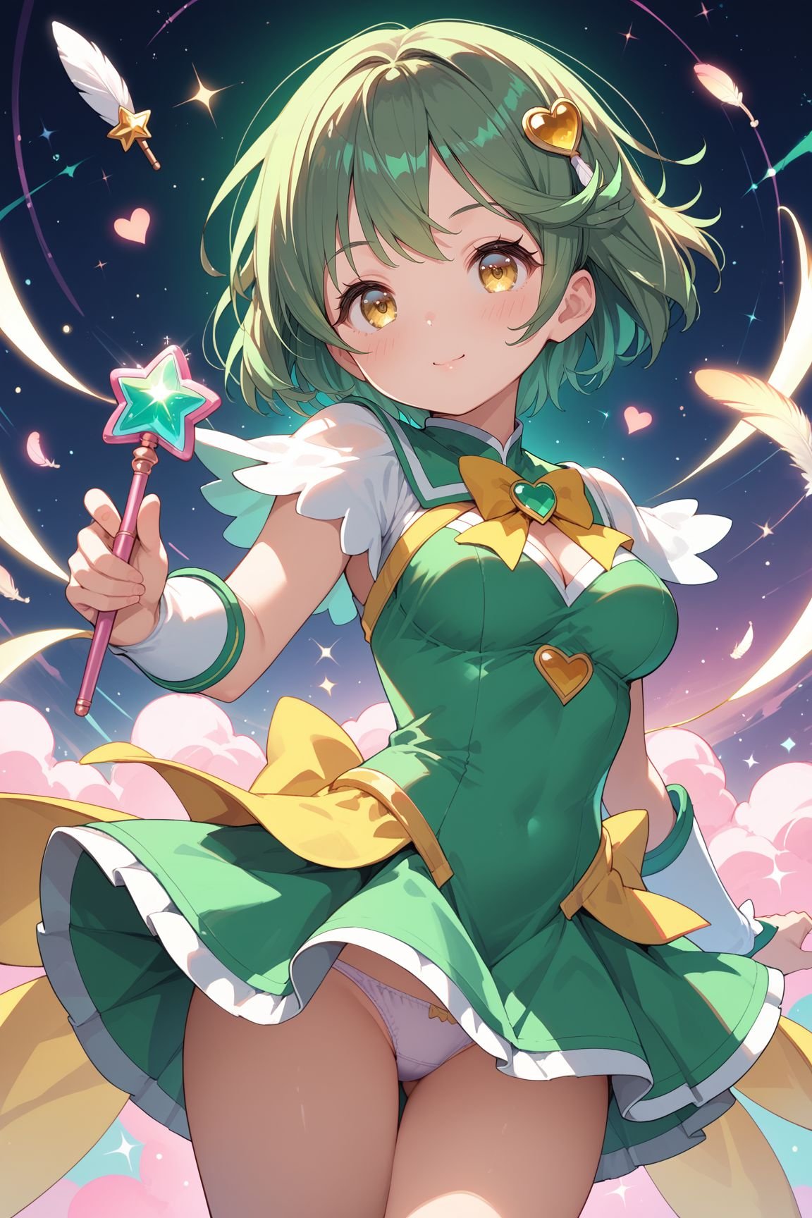 score_9, score_8_up, score_7_up, source_anime, 8k hd, uncesored, 1girl, (green hair:1.1), short hair, yellow eyes, medium breasts, magical girl, cute green dress, short skirt, (panties:1.1), magic wand, heart-shaped wand, sparkling light, feather hairpin, (groin:1.2),