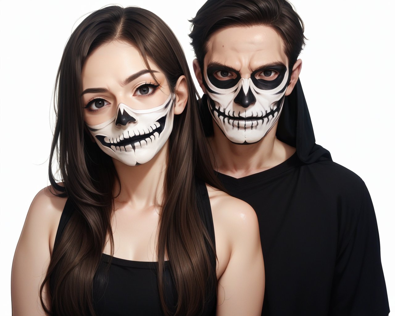 score_9_up, score_8_up, score_7_up, halloween makeup, 1girl, 1boy, looking at viewer, white background, black hair, simple background, long hair, brown hair, mask, black eyes, <lora:NeoNi_HMUP:0.7>