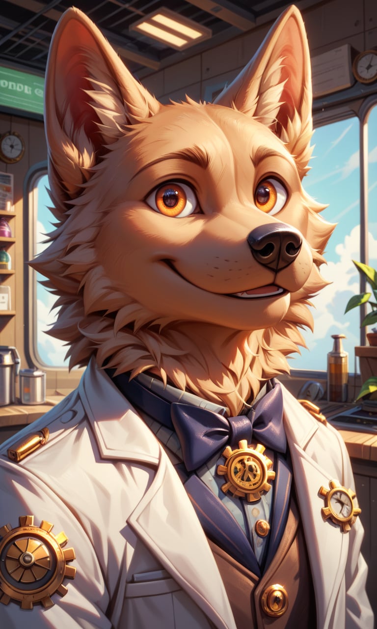 score_9, score_8_up, score_7_up, score_6_up, source_furry,BREAK,detailed face eyes and fur, 1boy, cute, solo, close-up portrait, dog wearing steampunk lab coat in a 19th century pharmacy shop interior, orange eyes, steampunk art, global illumination, pose, smile, high detailed, cinematic, complex background