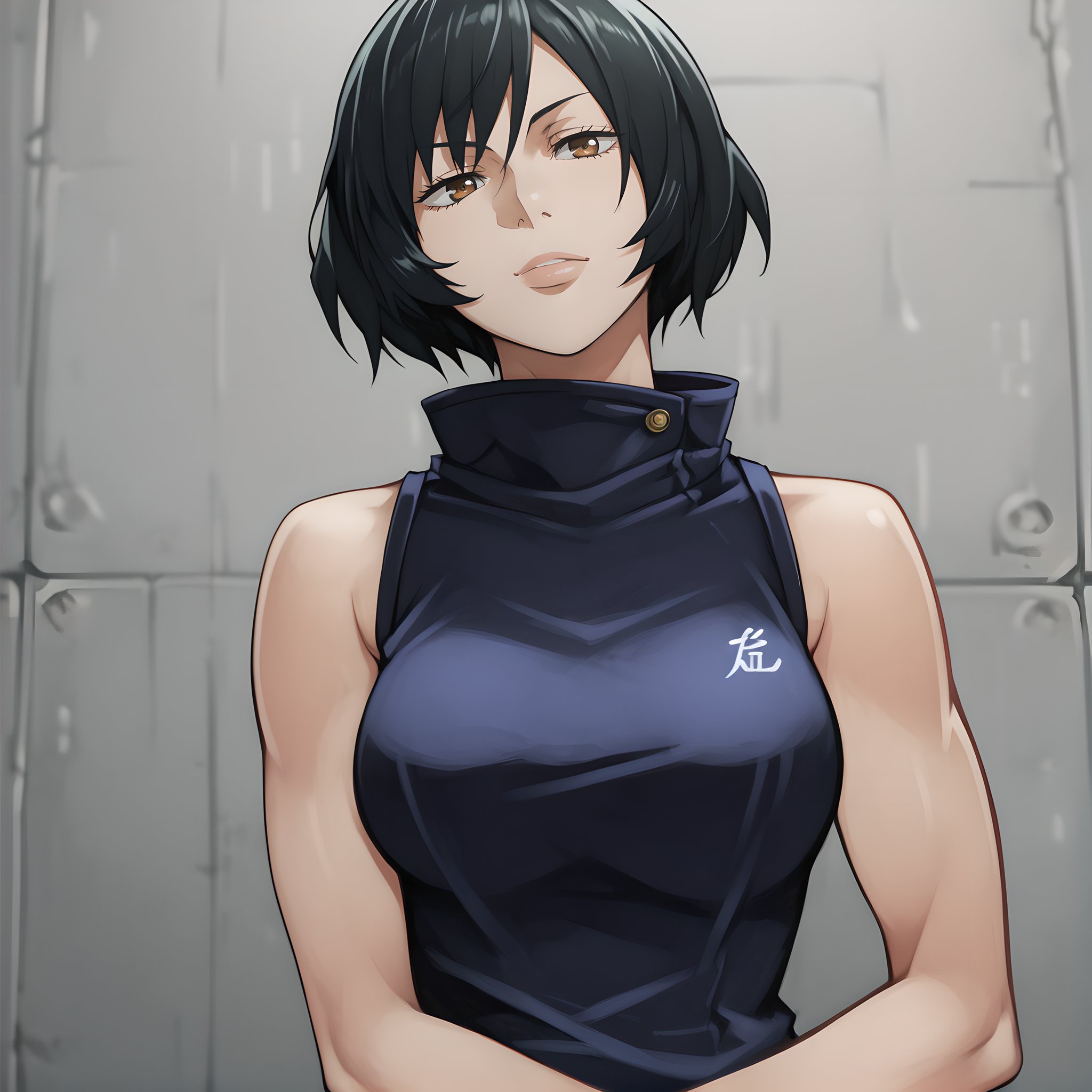 mai, solo, 1girl, short hair, black hair,dark brown eyes, looking at viewer, sleeveless, <lora:Mai_Zenin_-_Jujutsu_Kaisen:0.9>BREAKlevel_9, level_8_up, level_7_up, level_6_up, level_5_up, source_anime, masterpiece 