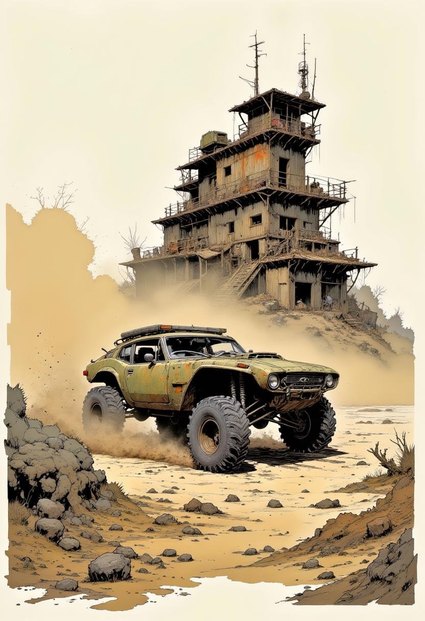 Digitally illustrated drawing in a gritty, post-apocalyptic style. A rugged, off-road vehicle, specifically a modified military-style car, painted in a dusty, earthy tone, with large, aggressive tires and a heavily armored body. The car is in motion, kicking up a cloud of dust as it navigates through a desolate, arid landscape. In the background, there is a large, multi-story building, constructed from a mix of wood and metal, with a weathered, dilapidated appearance. The building suggesting it might have once been a fortress. The foreground is filled with rocky terrain, with sparse vegetation and small bushes scattered here and there. Mangaka style. <lora:Mangaka_3012:1.0>