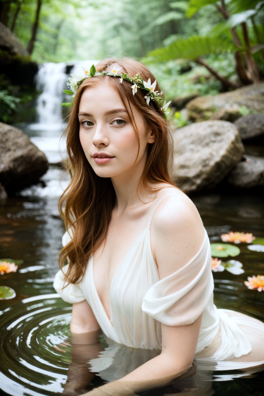 forest lily pond, ginger woman relaxing in water, nervous expression, upper body portrait, sheer white cloth, natural, flower crown, eyes contact, scenic, summer, shallow depth of field, vignette, highly detailed, high budget Hollywood film, bokeh, cinemascope, moody, epic, gorgeous, film grain