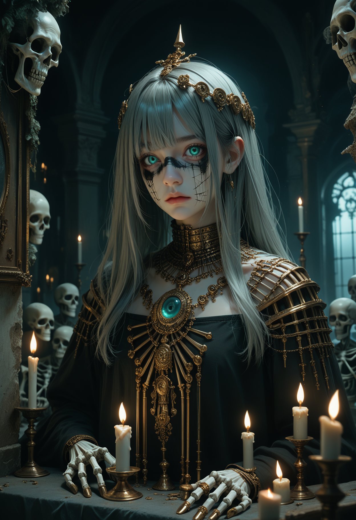 score_9,score_8_up,score_7_up,beast_quality,masterpiece, a dim scene,the walls of skeletons piled up,girl wearing black gauze,gold jewelry,turquoise eyes,gray long hair,air bangs,candlelight,