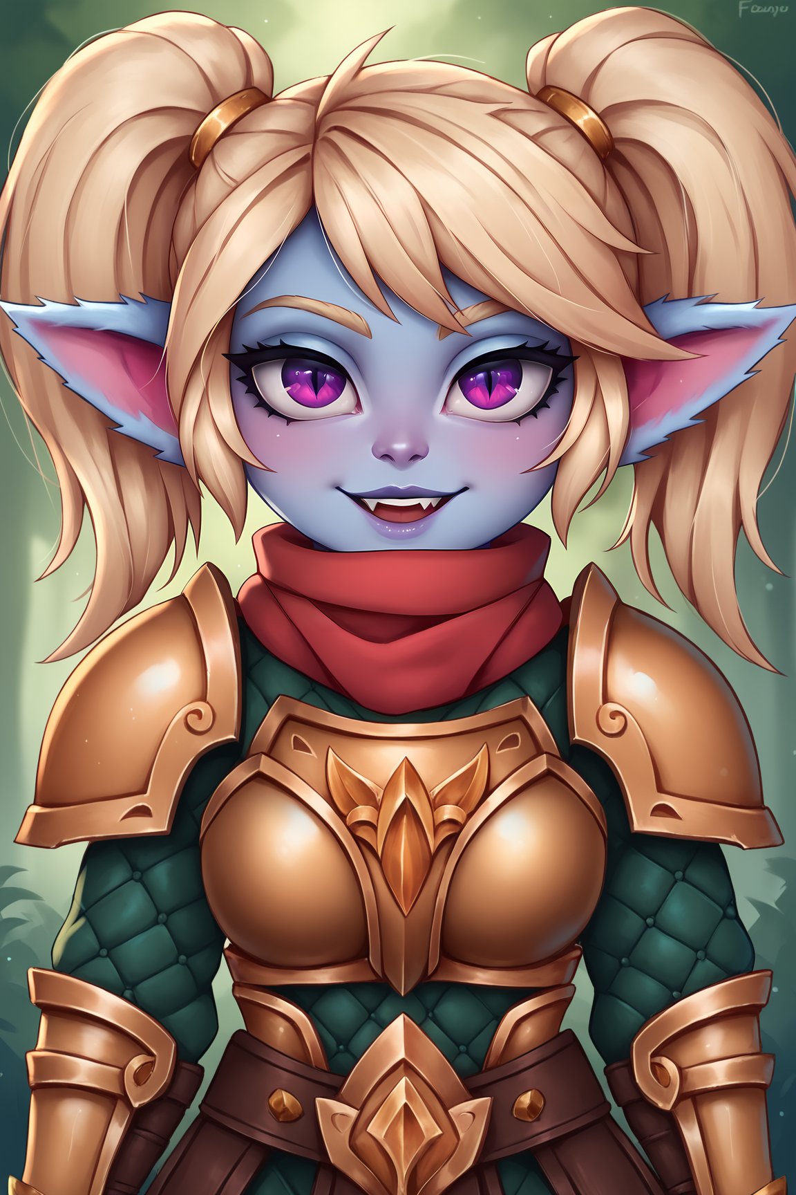 score_9, score_8_up, score_7_up, score_6_up, BREAK, PoppyLoLXLv2, blue skin, colored skin, shortstack, yordle, purple eyes, blonde hair, twintails, pointy ears, medium breasts, golden armor, armor shoulder, red scarf, breastplate, green snakeskin shirt, solo, front view, (portrait, upper body), solo focus, seductive smile, looking at viewer, forest <lora:PoppyLoLXLv2:0.8>