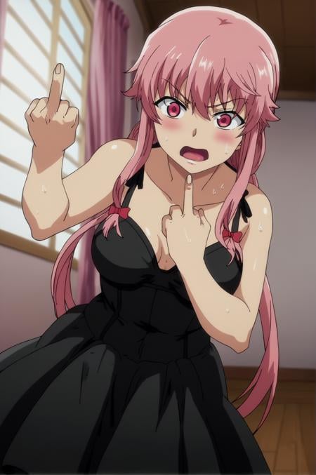 score_9, score_8_up, score_7_up,anime_source, source_anime, best background, detailed background, anime screencap,  Gasai Yuno, Sexy Dress, indoors, blush, dynamic angle, dynamic pose, tsundere, summon magic, fuck finger, middle finger, <lora:JN_Gasai_Yuno:0.8> <lora:JN_Saimin_Seishidou_ArtStyle:0.8>