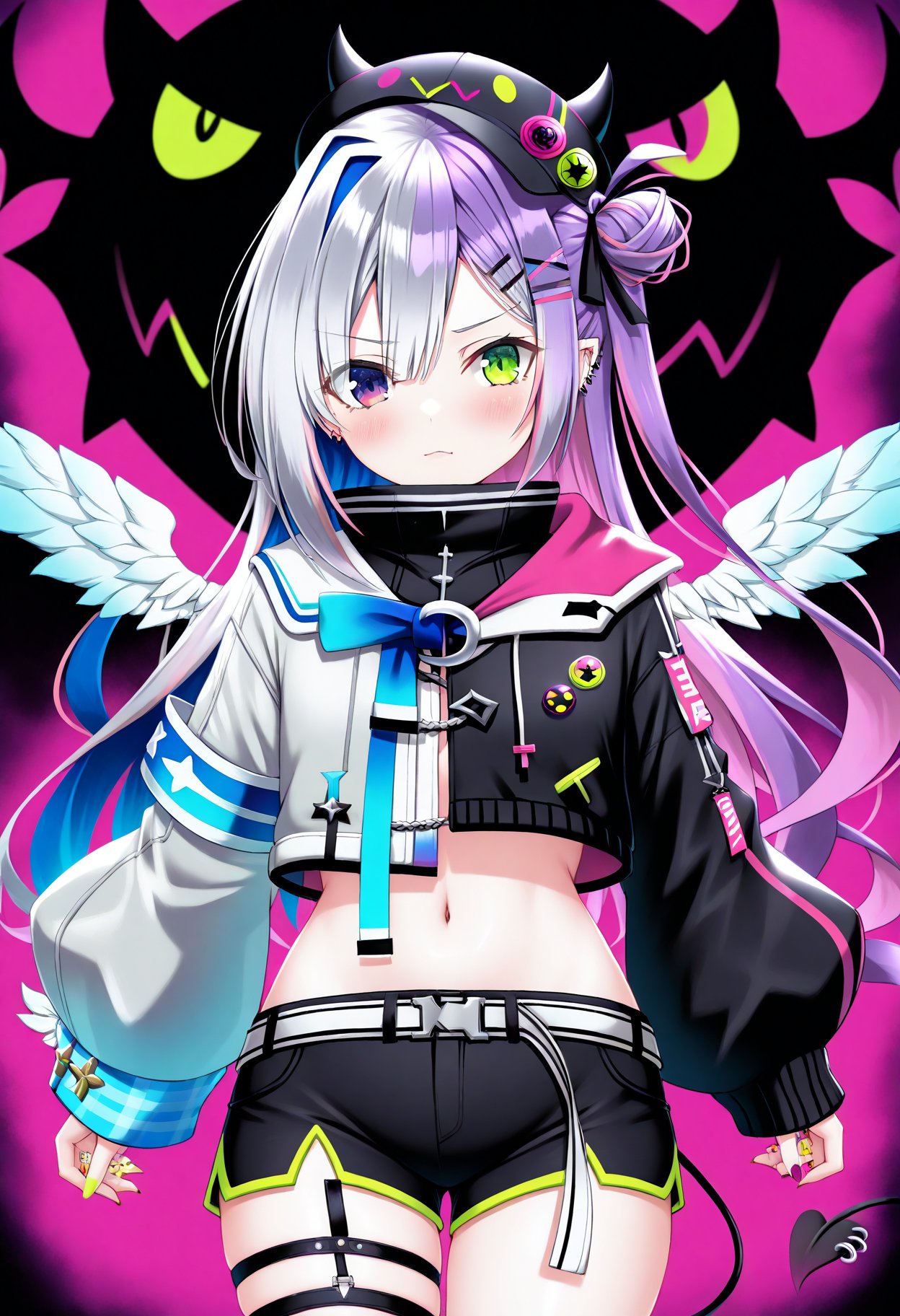 beast_quality,masterpiece,8k,1girl,tokoyami towa,mesugaki,devil,amane kanata,angel,split theme,stylish,artist, closed mouth