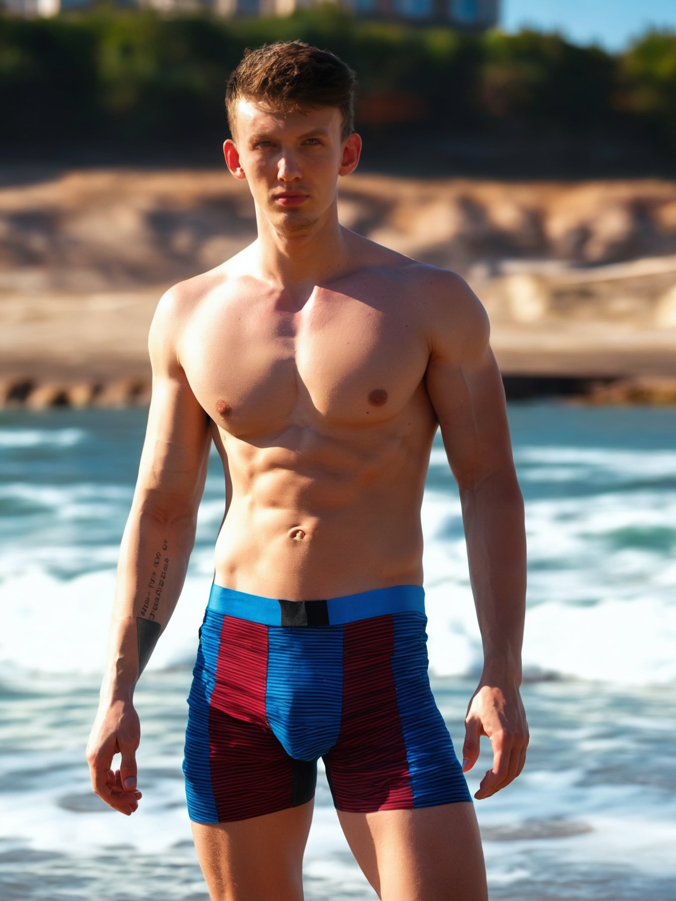 score_9, score_8_up, score_7_up, solo, photo, \(medium\) <lora:(Je0rg)SDXL:1> (Je0rg), twink, fit body, 1boy, male focus, solo, facial hair, muscular, beach, outdoors, bara, pectorals, muscular male, day, swim briefs, nipples, beard, navel, short hair, male swimwear, ocean, sky, water, abs, sand, topless male, large pectorals, looking at viewer, bulge, RAW photo, detailed photo, gorgeous, shallow depth of field, bokeh, volumetric lighting, (surreal:0.4), hyper detailed photorealistic life-like accurate proportional 8k sharp focus, (accurate cinematic lighting), photorealistic detail, (selective focus:0.6) <lora:add-detail-xl:0.7>