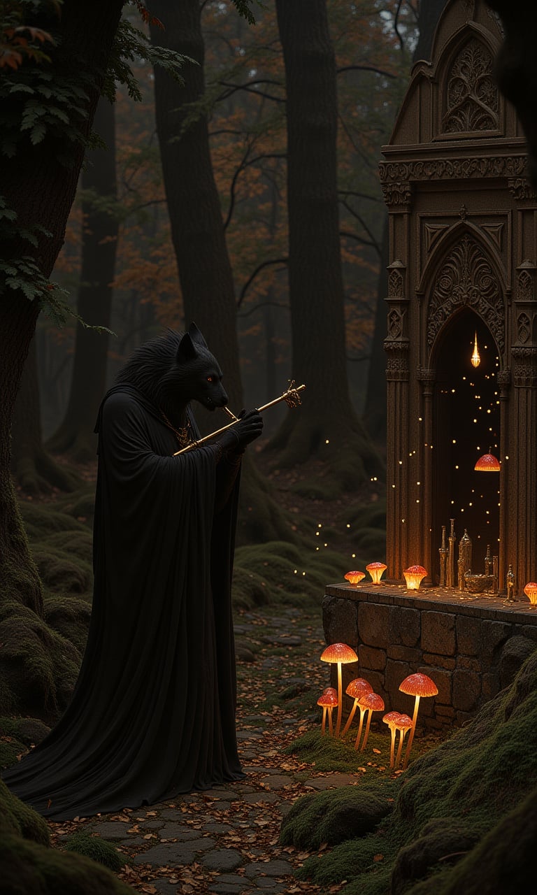 A werewolf plays his flute at dusk in a dense autumn forest, surrounded by glowing mushrooms and floating fireflies on the moss-covered ground, near an ancient stone altar with offerings hanging from it, and the air is filled with A mysterious atmosphere. Unseen eyes watch from the trees, the music of Satiris is woven through the woods like a spell, the colors are negative gold, orange and crimson, the environment is senseless and otherworldly, a hidden place of ancient rituals<flux.1_lora_flyway_Epic-detail_v2_000009500:1.0>