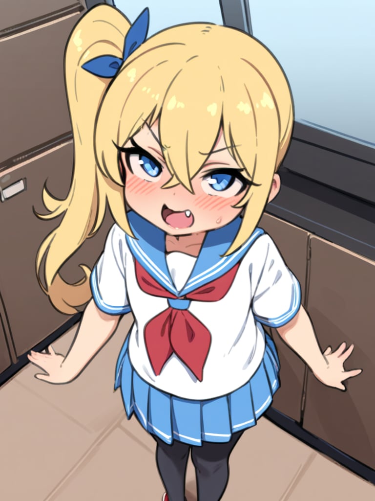 masterpiece, best quality, <lora:style578-a31-000020:1>,loli,1girl, solo, blonde hair, side ponytail, school uniform, skirt, looking at viewer, blush, long hair, pantyhose, sailor collar, sneakers, serafuku, blue sailor collar, black pantyhose, shoes, open mouth, pleated skirt, shirt, short sleeves, white shirt, blue skirt, neckerchief, bangs, full body, hair between eyes, standing, blue eyes, from above, red neckerchief, fang