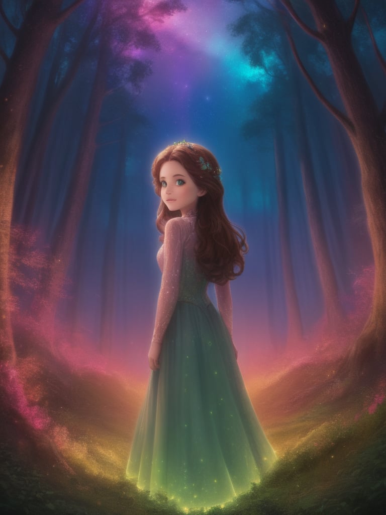 intricate details, extreme detail, Detailed face, beautiful, Expressive,very aesthetic, colorful, lots of small parts, surreal, abstract,ray tracing, dynamic lighting,forest, sky,cute, solo,(Mabel), female, standing, happy,green eyes, brown hair, long hair,