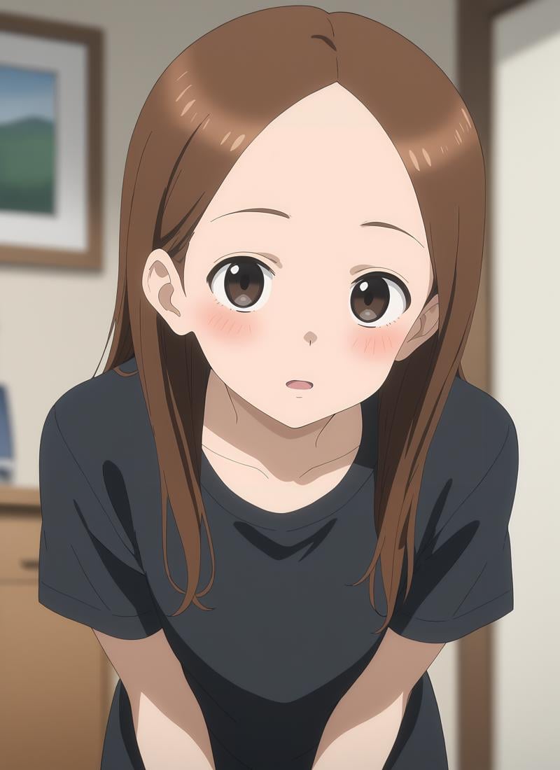 anime screencap, score_9, score_8_up, score_7_up, source_anime BREAK best quality, ((masterpiece)), highly detailed, ultra-detailed, (illustration), (beautiful detailed eyes) BREAK takagi-san, 1girl, solo, long hair, hair behind ear, bedroom, blurry background:1.3 BREAK upper body, leaning forward, v arms, black t-shirt, short sleeves, looking at viewer, parted lips, blush <lora:takagi-san_v1.0:0.9>