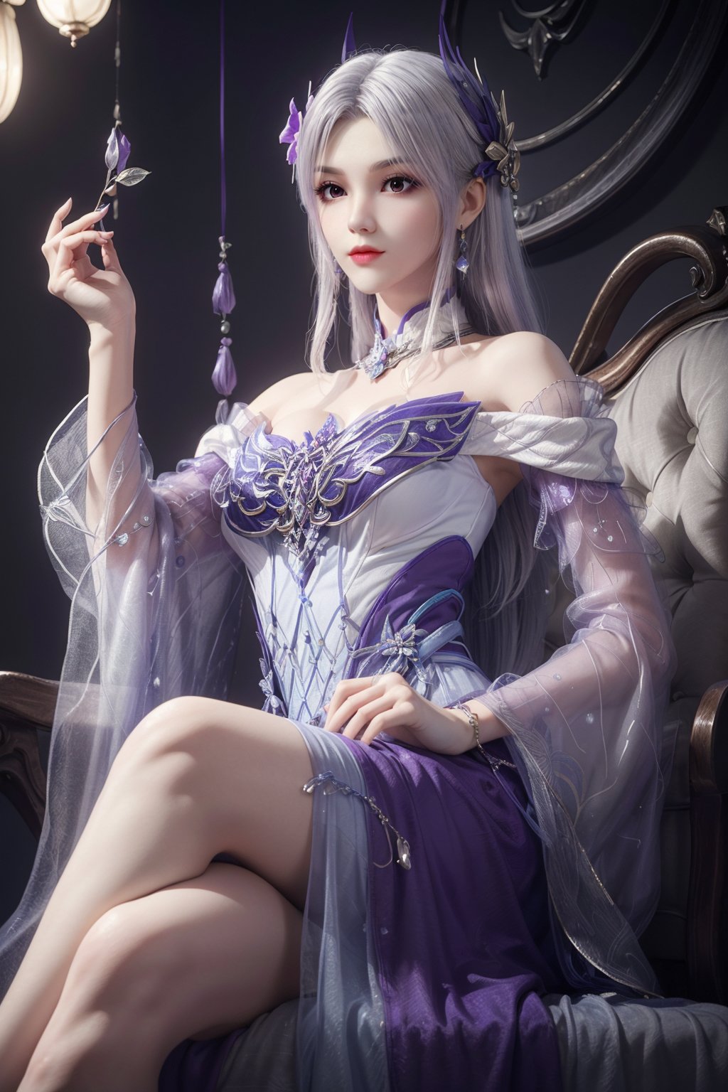 (Solid background:1.1),masterpiece,(best quality),light purple hair,official art,extremely detailed cg 8k wallpaper,(extremely delicate and beautiful),large breasts,solo,realistic,photo_\(medium\),from below,cowboy shot,(crossed legs:1.1),(chinese clothing,,solo,  see-through,wide sleeves, long sleeves,light purple gown,earrings,jewelry, detached sleeves,earrings,bare shoulders,solo,),adfxx0.75NOST4,1girl,long hair,hair ornament,flower garland,white hair,jewelry,<lora:yixian_douzun_2.1:0.6>,adfxx,