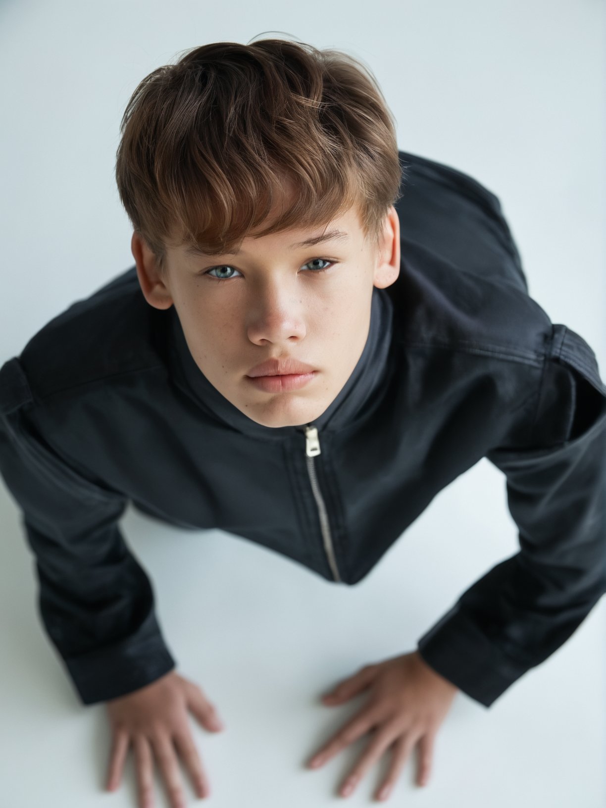 score_9, score_8_up, score_7_up, solo, photo, <lora:NG(n4tang0ldmann)SDXL:1> (n4tang0ldmann), teen boy, model, full thick lips, solo, brown hair, realistic, looking at viewer, male focus, 1boy, simple background, portrait, black shirt, shirt, lips, short hair, white background, closed mouth, freckles, looking back, black eyes, realistic, hyper detailed photorealistic life-like accurate proportional 8k sharp focus, accurate cinematic lighting, photorealistic detail, uncensored, full body shot 