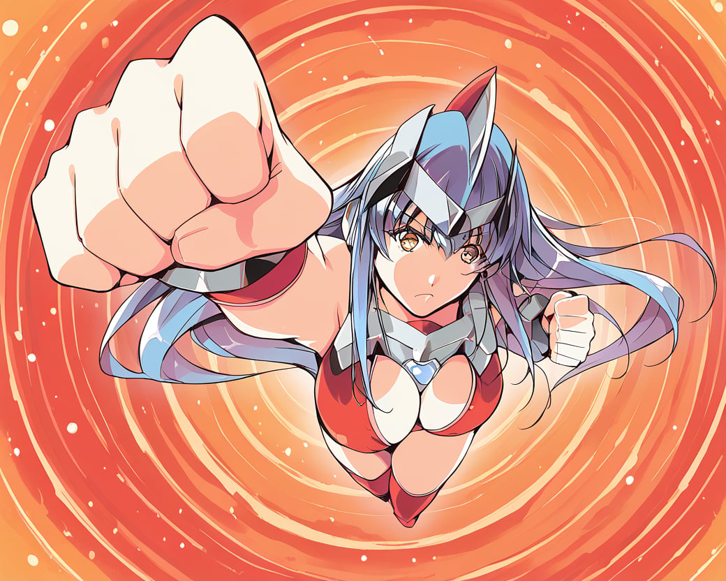 ultrajenisu,headgear,long hair,large breasts,amber eyes,blue hair,<lora:ultralady_jenisu_v2>,bikini armor,red thighhighs,blue chest jewel,wrist cuffs,bare arms,1girl,solo,<lora:ultra_rise>,ultra rise,tokusatsu,light,orange theme,light particles,clenched hands,full body,from above,hand up,circles,energy ball,, score_9,score_8_up,score_7_up,source_anime,best quality,masterpiece,uncensored,detailed eyes,