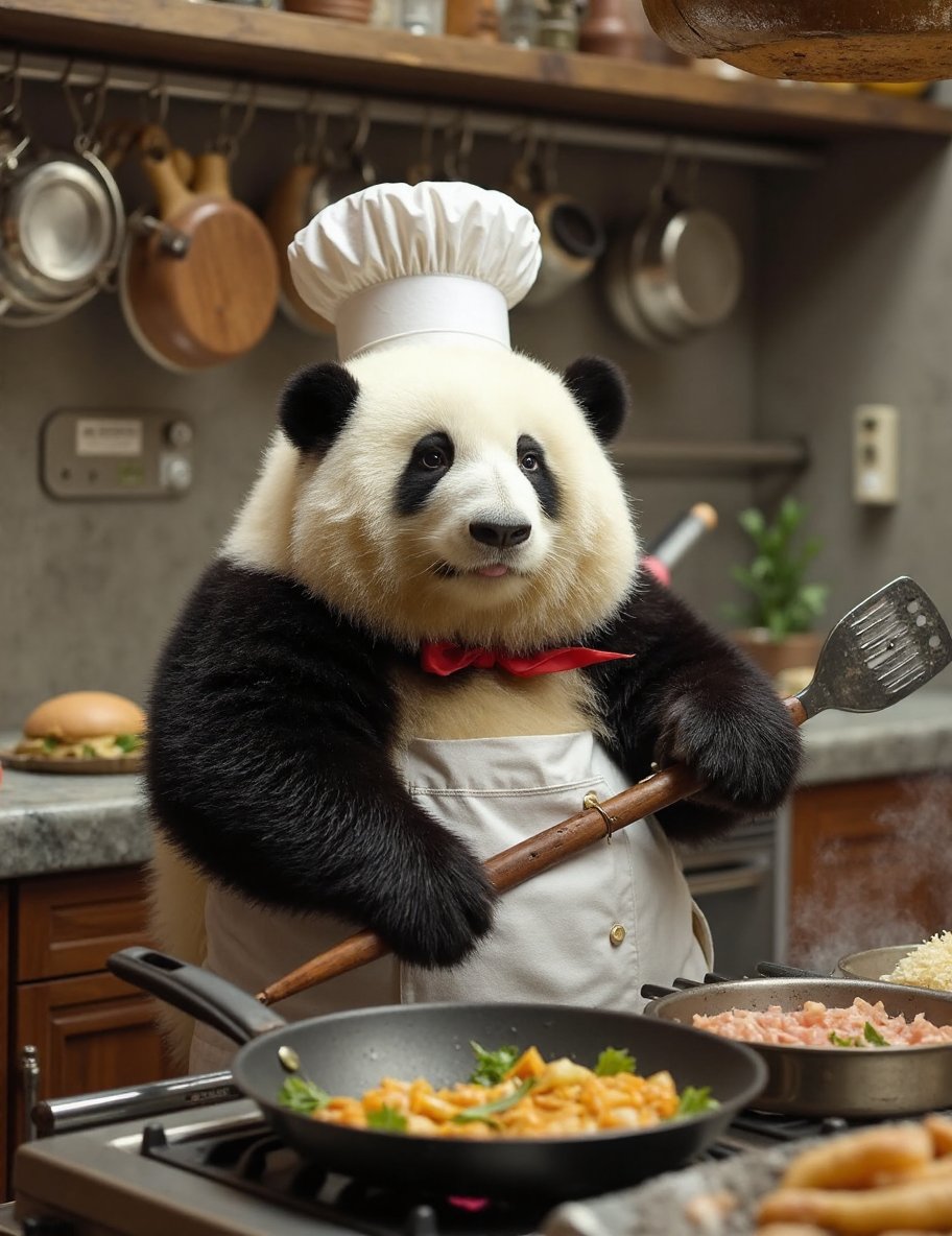 The image is a high-resolution photograph of a charming panda named Huahua, depicted in a bustling kitchen setting. Huahua has a distinctive black and white fur pattern, with round, chubby features and a serious expression. She stands upright, holding a large spatula in her right paw and a frying pan in her left, as she diligently cooks at the stove.Huahua is dressed in a tiny chef’s uniform, complete with a white chef's hat perched atop her head, adding a professional yet whimsical touch. Her chef's jacket is detailed with buttons and a small pocket, and she wears a red neckerchief around her neck. The uniform contrasts with her soft, fluffy fur, creating a striking visual effect.The background features a well-equipped kitchen with stainless steel appliances, wooden cabinets, and a marble countertop. Pots and pans hang from a rack above, and various cooking ingredients are scattered across the counters, giving the scene a dynamic and lively atmosphere. The stove is on, with steam rising from the frying pan, indicating that Huahua is in the midst of preparing a delicious meal.The lighting in the photograph is warm and inviting, casting soft shadows and highlighting the details of Huahua’s fur and the kitchen environment. The overall composition focuses on Huahua, making her the primary subject and capturing the unique and whimsical nature of a panda chef hard at work in the kitchen.,huahua, <lora:huahua_panda_Flux_V1-000002:1>