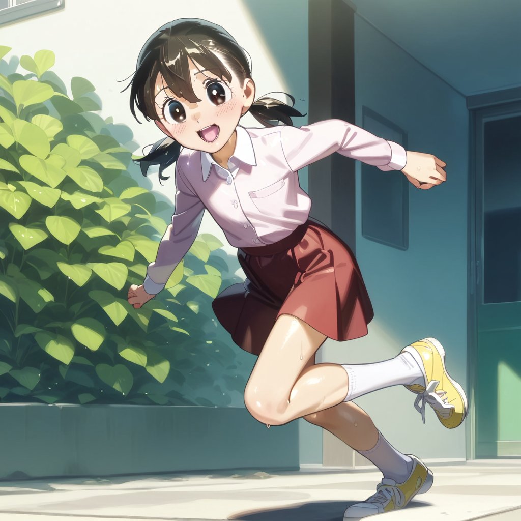 minamoto shizuka,1girl, solo, skirt, outdoors, black hair, socks, white socks, twintails, red skirt, shoes, smile, shirt, open mouth, black eyes, pink shirt, looking at viewer, short twintails, kneehighs, collared shirt, long sleeves, :d, day, bright pupils, white pupils, house, low twintails, short hair, running, yellow footwear, blush, child, loli, masterpiece, perfect face, best quality, beautiful eyes, shiny eyes, anime coloring, anime screencap, absurdres, outdoors,<lora:minamoto shizuka anim 928:1>