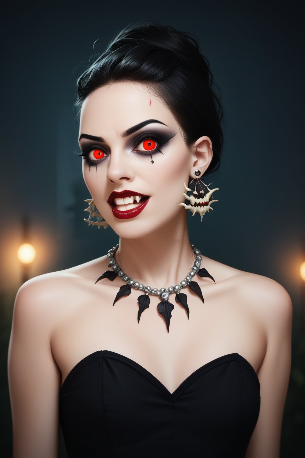 score_9_up, score_8_up, score_7_up, halloween makeup, jewelry, 1girl, necklace, earrings, red eyes, red lips, makeup, black hair, solo, teeth, lipstick, black dress, bare shoulders, vampire teeth, vampire makeup, forgotten amusement park overtaken by nature, where vines and thorns wrap around the rusted rides, eerie carnival lights flicker, and ghostly children in Halloween costumes haunt the pathways,  <lora:NeoNi_HMUP:0.7>