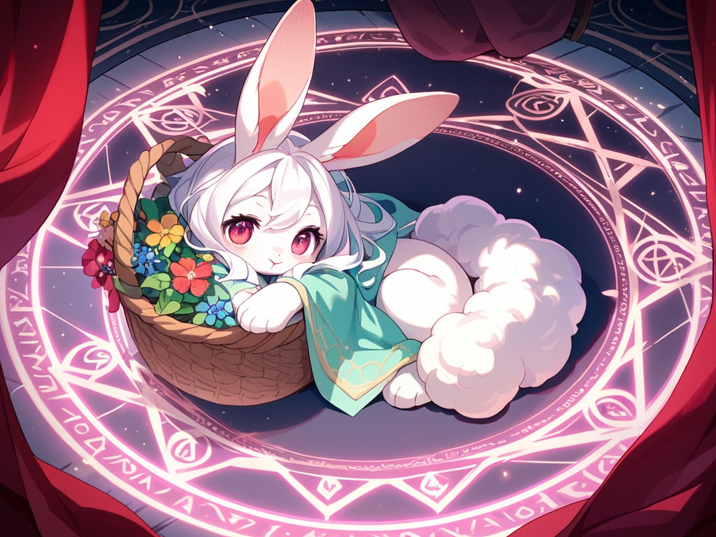 score_9, score_8_up, score_8,highly detailed, intricate, beautiful aesthetic,vibrant, extreme contrast, raytracing, dark colors, cute and adorable,fluffy (bunny rabit:1.2), in a blanket, basket,magic circle, magic array,no humans,