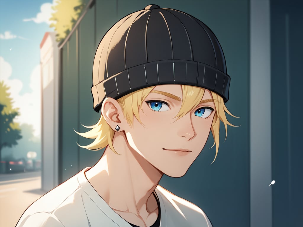 score_9, score_8_up, score_7_up,  score_6_up, score_5_up, score_4_up, source_anime , rating_safe <lora:Jude:0.7> 1boy, blue eyes,  jude1, blonde, skater boy, black hat with a white stripe, black hat,  male focus, looking at viewer,white shirt,