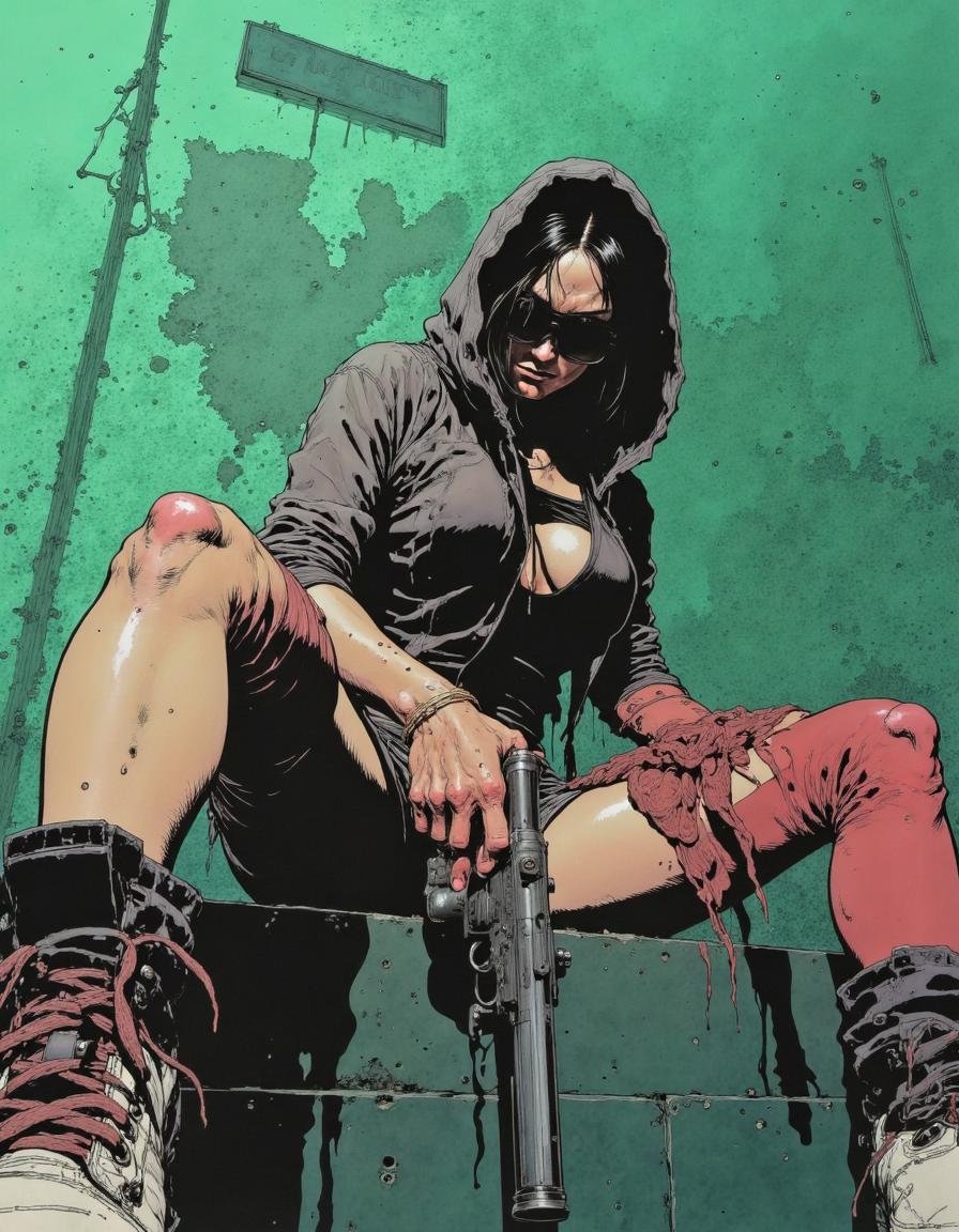 A digital illustration of a stylized, anime-inspired art style. The A sitting young woman wearing a hooded grey sweatshirt that exposes her midriff and a black tank top underneath. (She holds a revolver in her right hand:1.3).Art by Jesper Ejsing, Matt Fraction, Sergio Toppi, Dorohedoro. Mangaka style. <lora:Mangaka_3012:1.0>