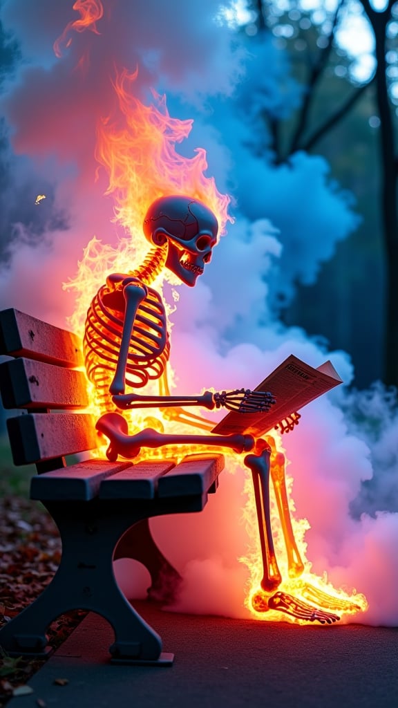 A photo of bailing fire,composed of fire and bellowing smoke elements,fire element,girl made of pink flames,surrounded by pink flames.,pink fire,pink flame,the skeleton in the image is sitting on a park bench on fire, long  fire hair,in the background the woman is surrounded by a bright blue aura that seems to be emanating from the skeleton.,skeleton is reading a news paper that is on fire, appears to be in the midst of a fire powerful display of energy, behind the skeleton is blue text in flame font, The text says "DREAM DIFFUSION FLUX PRO"