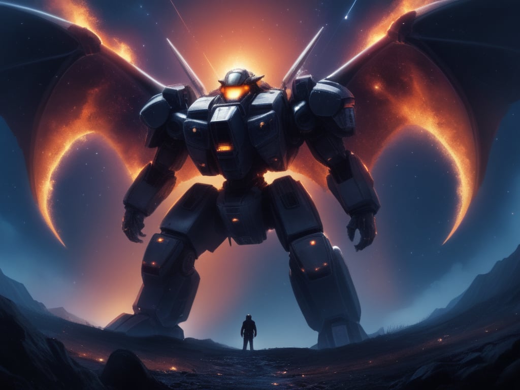 intricate details, extreme detail, Detailed face, beautiful, Expressive,very aesthetic, colorful, lots of small parts, surreal, abstract,dramatic angle, 8k wallpaper, masterpiece, Cinematic Lighting,dragon, (feral),giant, glowing, mechanical parts, mecha, wings, fire, darkness,weapon, gun, cannon, military, no-humans,night, night_sky, sky, starry_sky, city_lights, snow, snowing, planet, space, galaxy, star_\(sky\), 