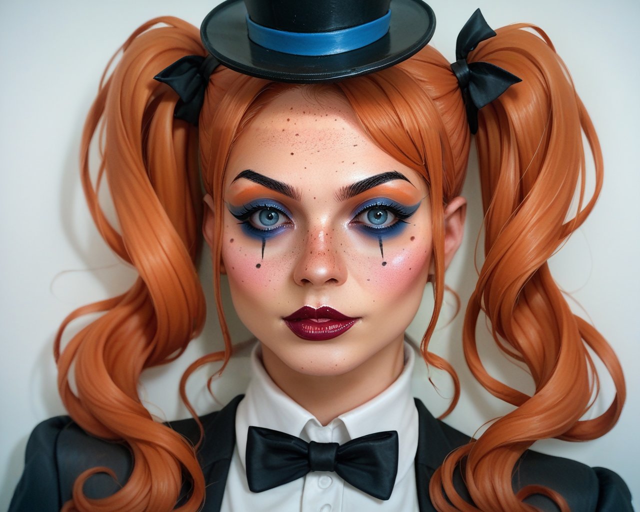 score_9_up, score_8_up, score_7_up, halloween makeup, solo, 1girl, hat, twintails, makeup, top hat, looking at viewer, freckles, long hair, portrait, traditional media, lipstick, <lora:NeoNi_HMUP:0.7>