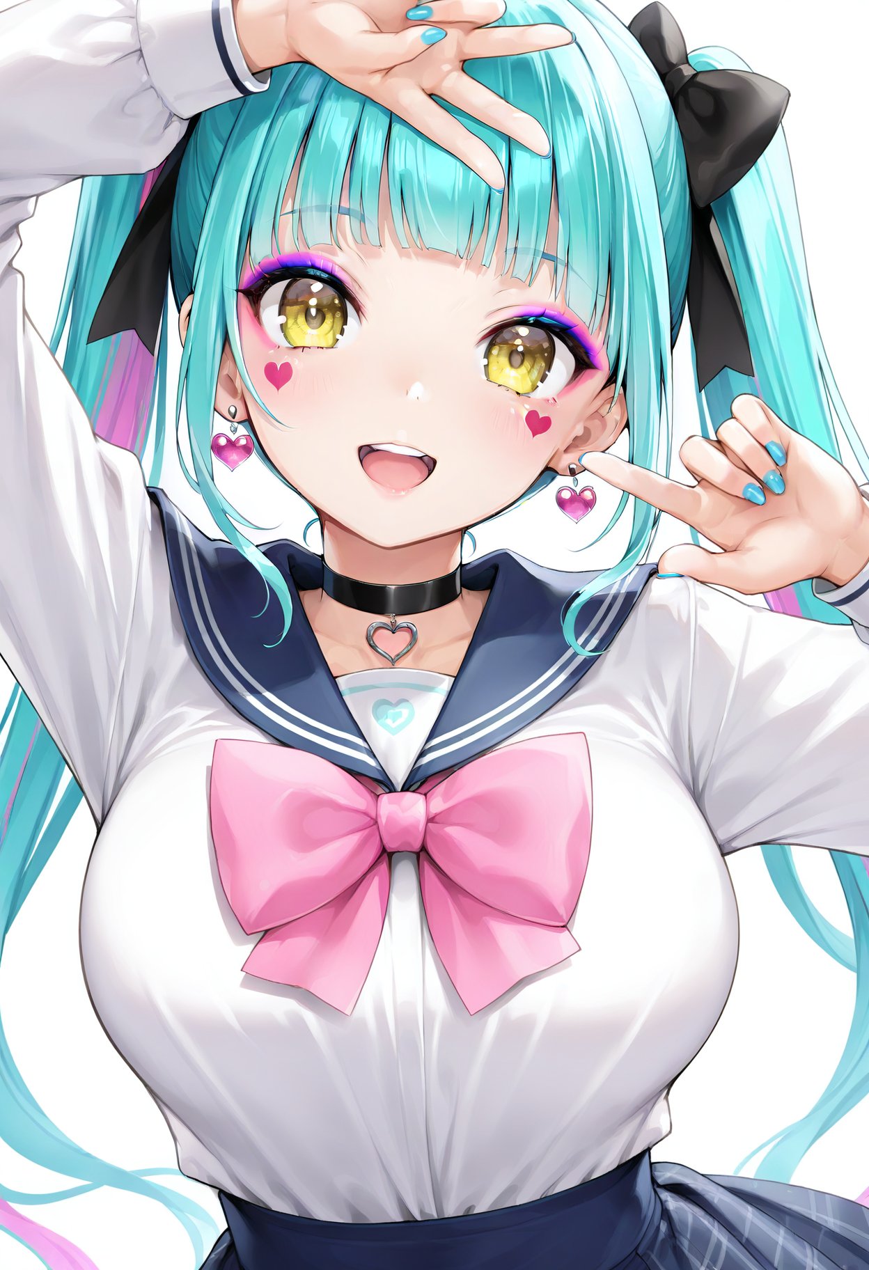 1girl, solo, bow, choker, smile, yellow eyes, twintails, breasts, open mouth, black choker, looking at viewer, multicolored hair, hair bow, blunt bangs, sailor collar, long sleeves, earrings, facial mark, blue hair, makeup, arms up, hair ornament, aqua hair, shirt, jewelry, eyeshadow, skirt, pink bow, heart, long hair, teeth, white shirt, heart facial mark, large breasts, :d, white background, blue bow, nail polish, upper body, dress, blue sailor collar, blue nails, virtual youtuber, upper teeth only, heart choker, black bow