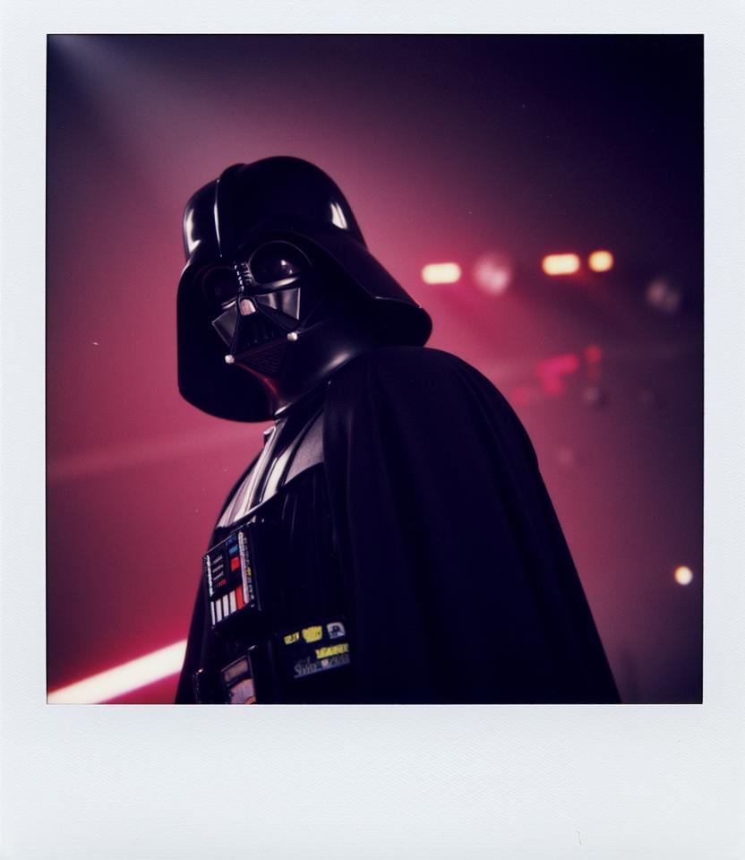 Polaroid of Star Wars Darth Vader himself on a synthwave style <lora:Polaroid_Flux:1.0><lora:ComfyUI_30575_:0>