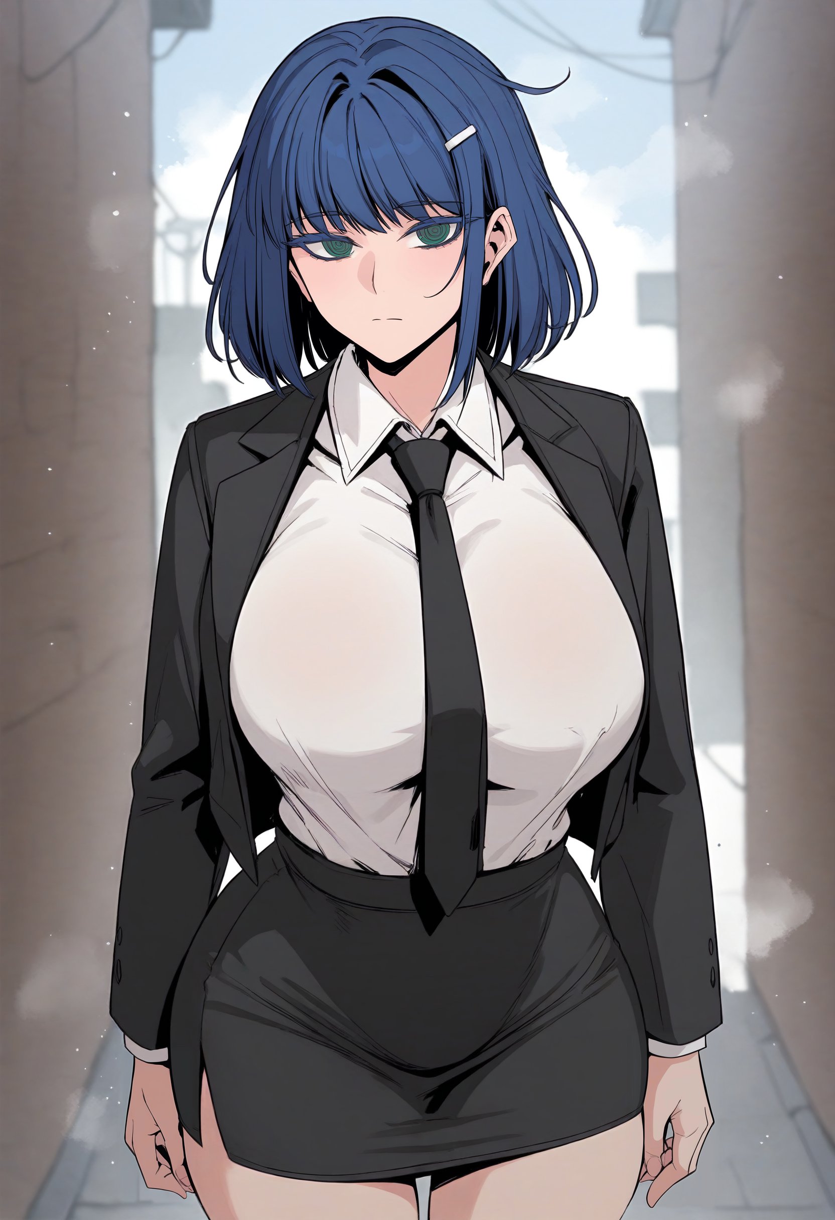 score_9, score_8_up, score_7_up, score_6_up, source_anime, rating_explicit, 1girl, solo, huge breasts, <lora:Hekate prefectPonyxl:1> blue hair, hairclip, green eyes, medium hair, ringed eyes, blue eyes, colored eyelashes, black jacket, long sleeves, black necktie, white shirt, collared shirt, black skirt, pencil skirt, expressionless, Narrow shoulders, heavy breathing, steaming body, alley, outdoors, looking at viewer, standing, close-up