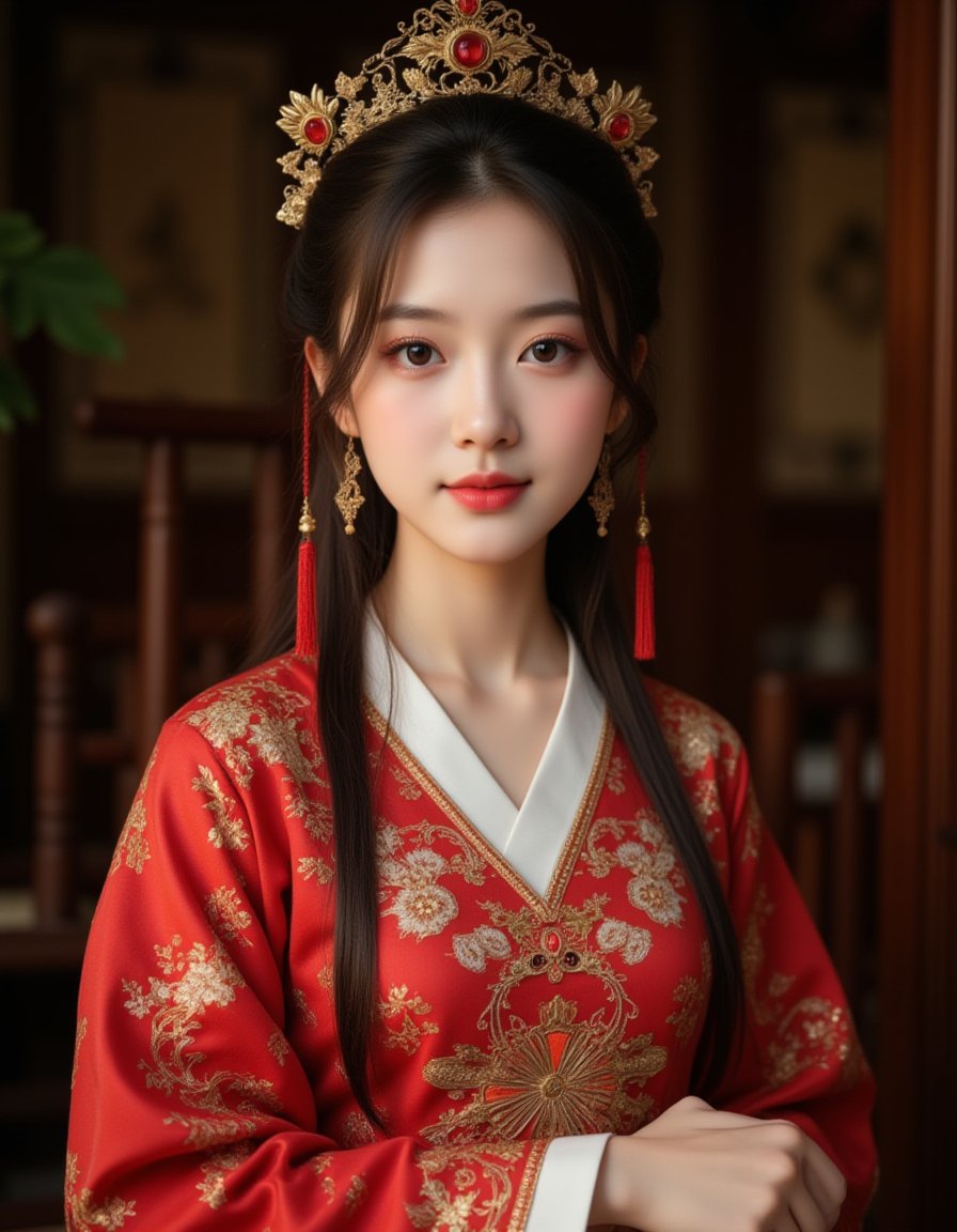 18 year old cute chinese young girl,chinese ancient bridal dress,chinese hanfu,Cinematic Lighting,backlight,low light,late night,real human skin,colorful,very detailed,stunning details,classy,