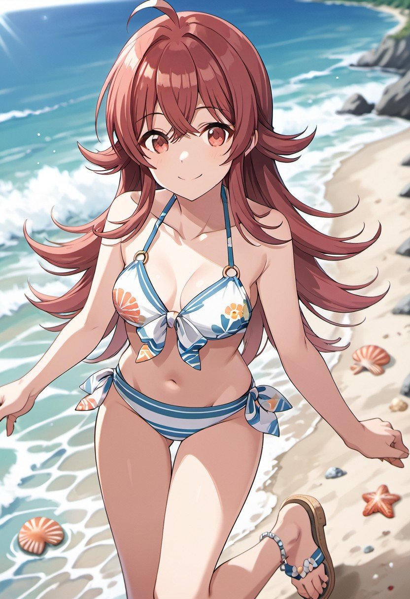 score_9, score_8_up, score_7_up, source_anime,komiya kaho, red hair, long hair, red eyes, 1girl, swimsuit, solo, bikini, beach, outdoors, shell, ocean, ahoge, seashell, navel, smile, sandals, collarbone