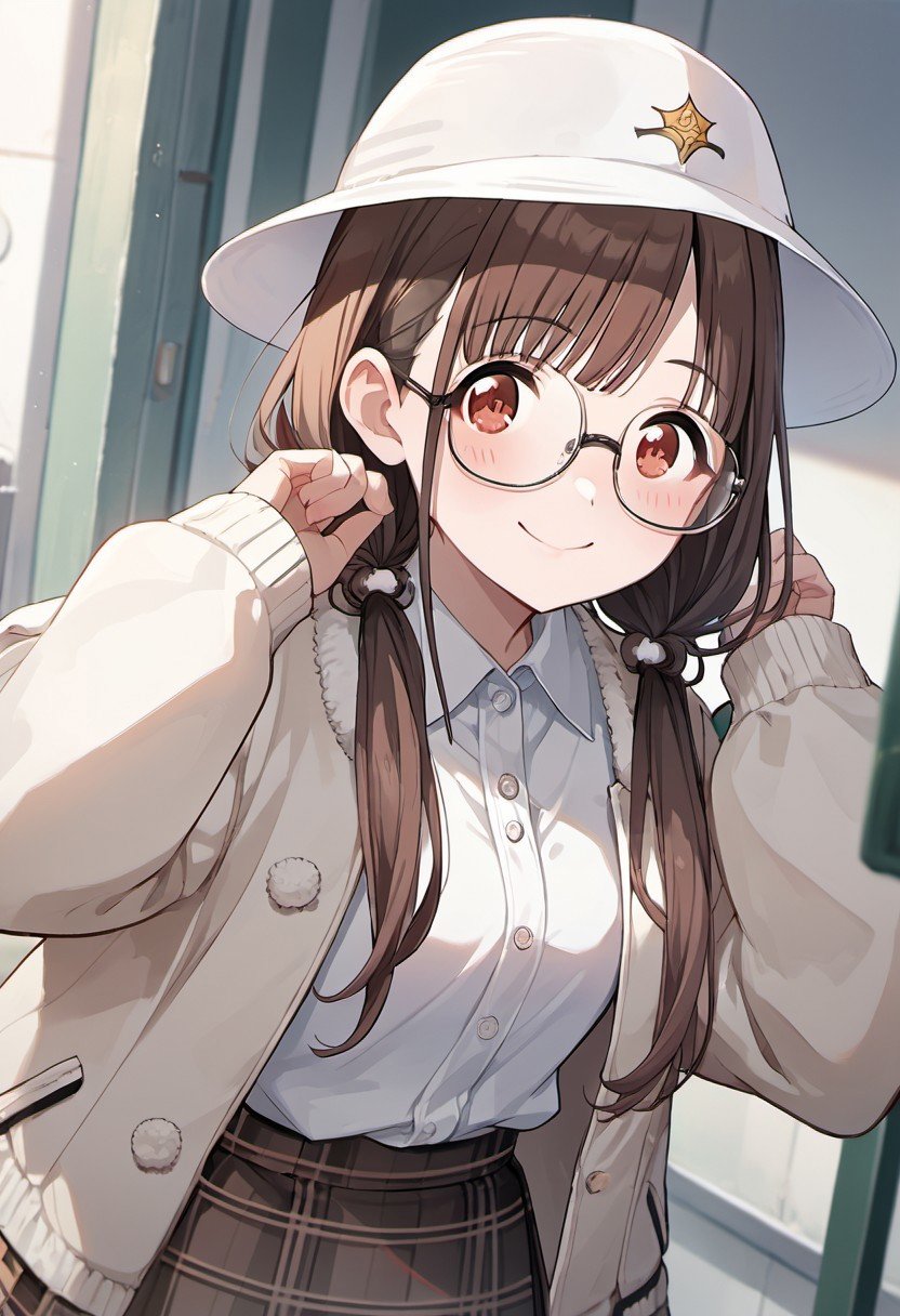 score_9, score_8_up, score_7_up, source_anime, sonoda chiyoko, brown hair, red eyes, 1girl, solo, white headwear, twintails, glasses, jacket, skirt, long hair, blush, solo focus, plaid skirt, low twintails, plaid, smile