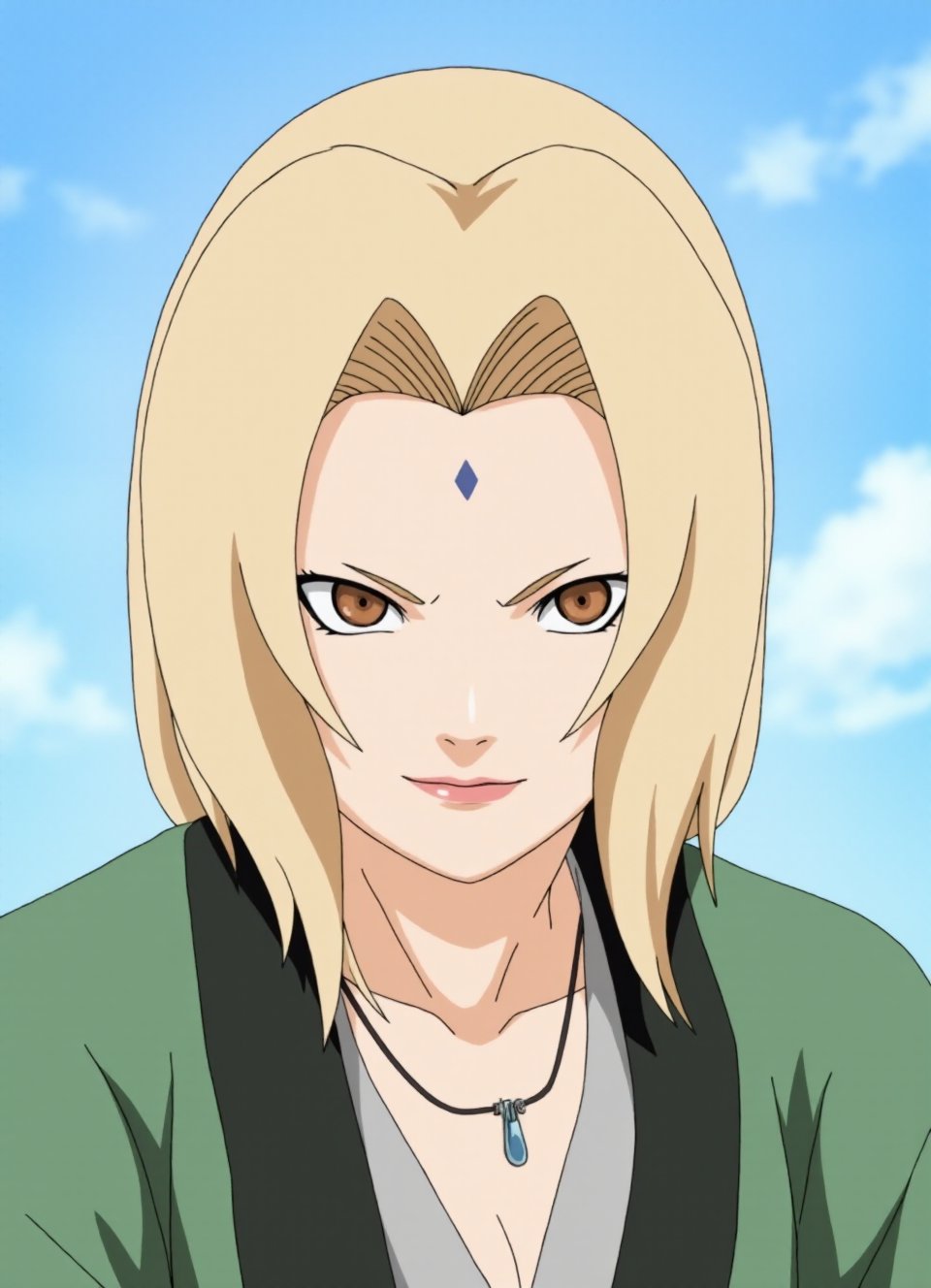 This image is a digital frontview drawing in the anime style, depicting a female character's nude nude top with a serious and determined expression. The character has light blonde hair, cut in a straight,The wind is blowing her hair,shoulder-length style with bangs that cover her forehead. Her eyes are large and almond-shaped, with a piercing gaze, and her skin is fair blushing, She is showing big breast, which is green with a black sash and a grey inner layer visible at the neck.Her face is adorned with a small, triangular blue mark on her forehead, typical of certain Japanese characters in anime.The background is Blue sky and white clouds making the character the focal point of the image. The drawing style is clean and crisp, with smooth lines and a minimalistic shading technique that highlights the contours and textures of the character's hair. The overall tone of the image is somber and intense, reflecting the character's demeanor and the dramatic nature of the scene.,smiling,tsunade, <lora:Tsunade_Flux_V1_r1:0.95>