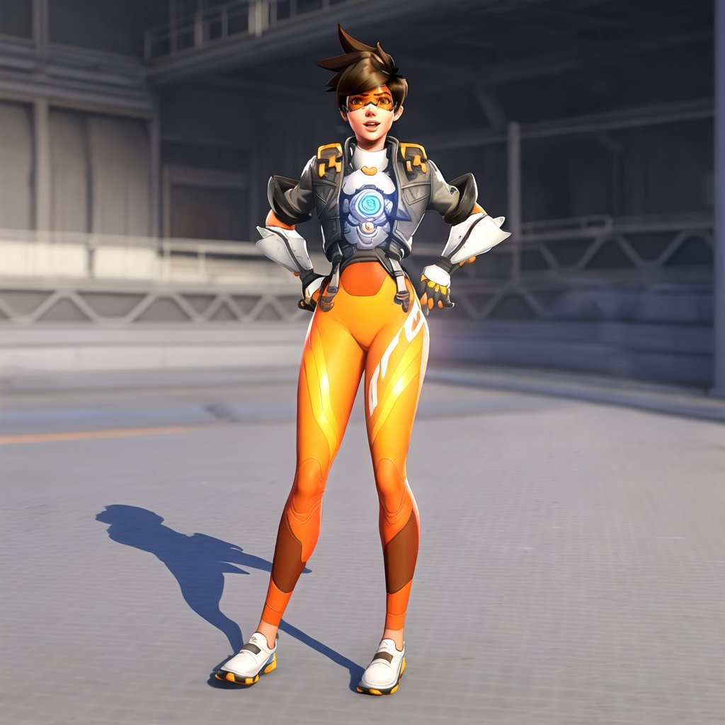 Tracer, 1girl, solo, goggles, smile, spiked hair, orange goggles, short hair, gloves, open mouth, jacket, looking at viewer, chest harness, harness, hand on own hip, upper body, brown hair, black hair, perfect body, full body, <lora:Tracer_1_5:0.7>