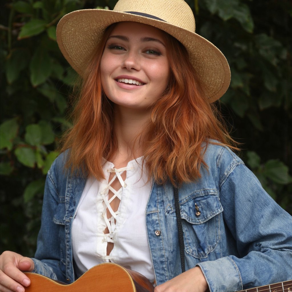 portrait of ella_purnell with long, wavy, reddish-orange hair, wearing a wide-brimmed straw hat. She wears a white blouse with a lace-up front and a denim jacket. The woman holds a guitar, and her pose is relaxed yet confident. The background is a natural setting with green foliage, indicating a park or garden. The image style is candid and natural, capturing a moment of tranquility.