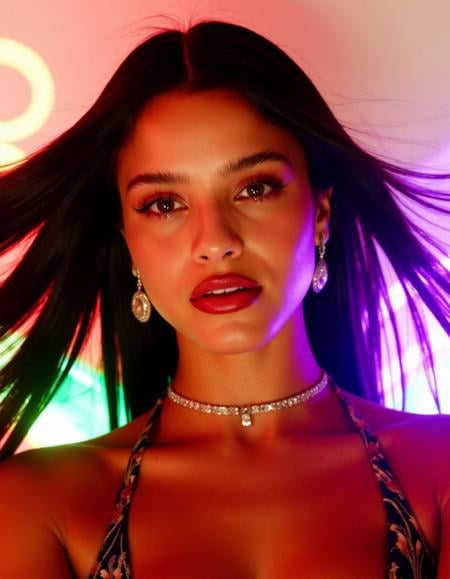 <lora:emilia_mernes_flux_v1:1>,photo of 3m3rn3s woman, in argentina,detailed background,colorful lights,free hair,realistic, looking at the camera, 18 years old, cinematic, facial closeup shot,wearing makeup with strass eye