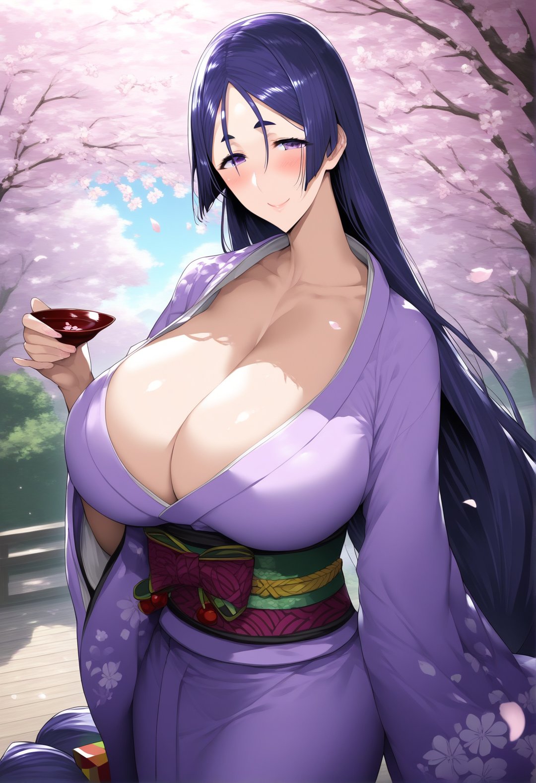 score_9, score_8_up, score_7_up, score_6_up, source_anime, <lora:PLM 0.2v:1>, 1girl, minamoto no raikou (fate), japanese clothes, kimono, long hair, purple hair, solo, purple eyes, cleavage, parted bangs, cherry blossoms, cup, very long hair, sakazuki, purple kimono, huge breasts, bangs, smile, collarbone, blush, sash, looking at viewer, petals, low-tied long hair, outdoors, holding, holding cup, tree