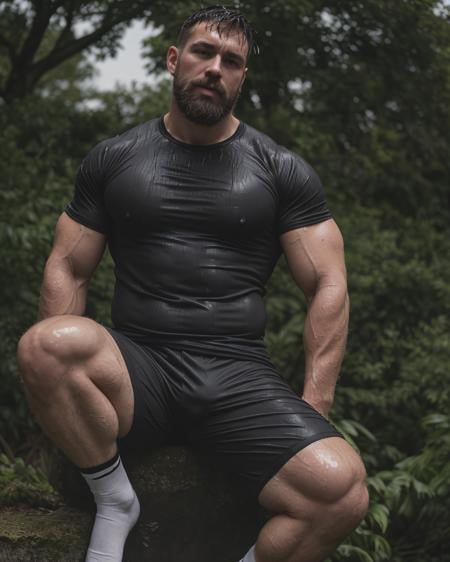 male focus,1boy,solo,muscular,pectorals,facial hair,muscular male,bara,socks,shirt,beard,shorts,outdoors,large pectorals,see-through,wet,short hair,wet clothes,nipples,sky,sitting,manly,black shorts,looking at viewer,day,wet shirt,mature male,white shirt,white socks,sweat,cloud,black hair,blush,bulge,thighs,full body,tree,thick eyebrows,abs,brown hair,no shoes,score_9,score_8_up,score_7_up,score_6_up,score_5_up,score_4_up,