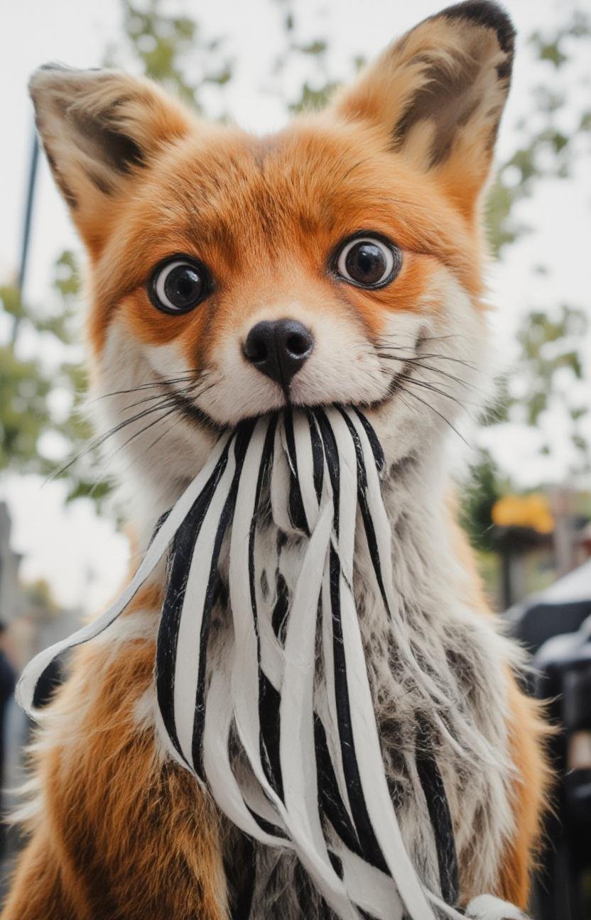 a derpy fox with long monochrome stripes and  lines in its mouth tasting if they're yummy.  the lines and stripes are dangling from his mouth    <lora:grignani-striped:1>  <lora:- Flux1 - stoned_fox_V1.0-step00002600:.7>