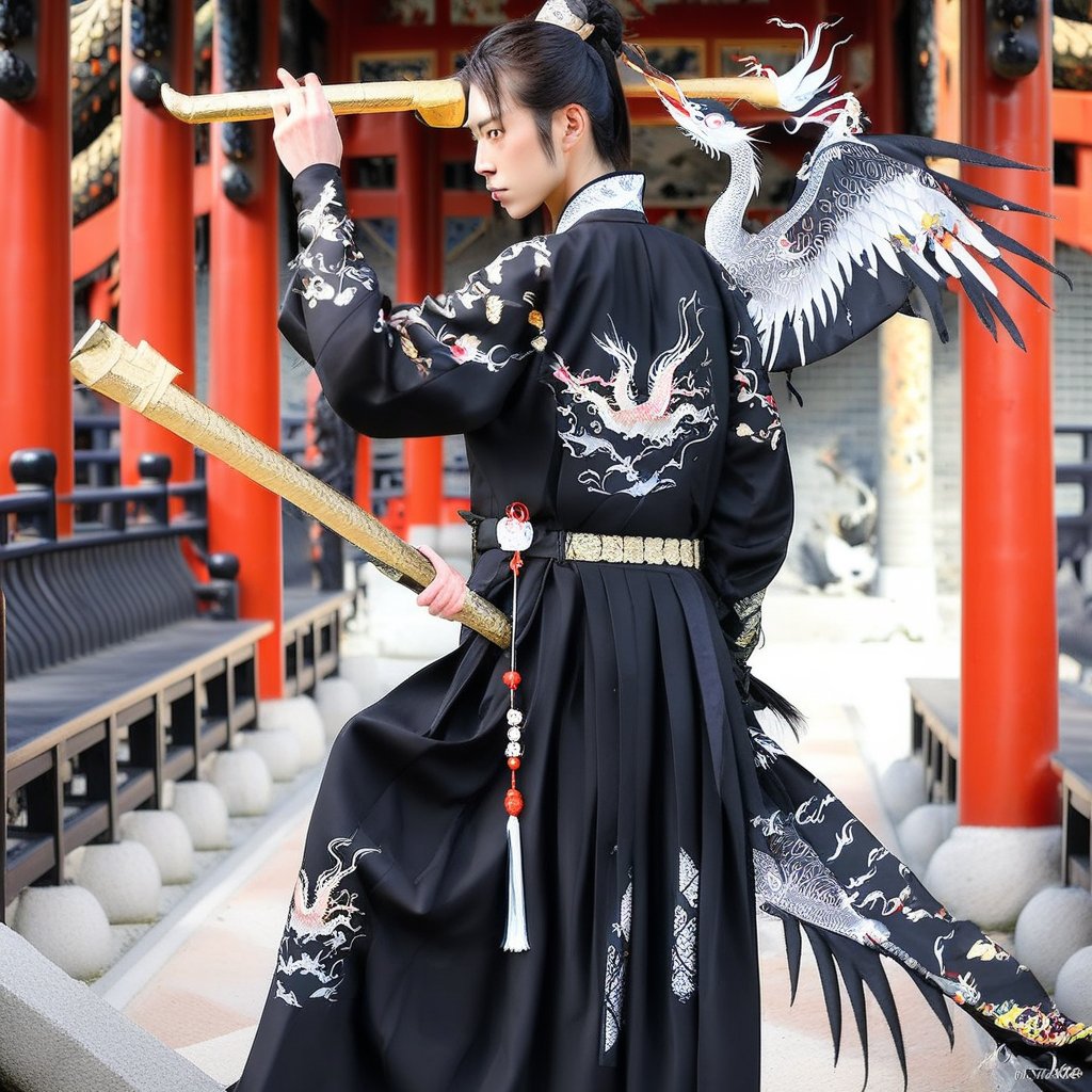 wings,  black coat,  east asian architecture by miaomiao on Tensor.Art