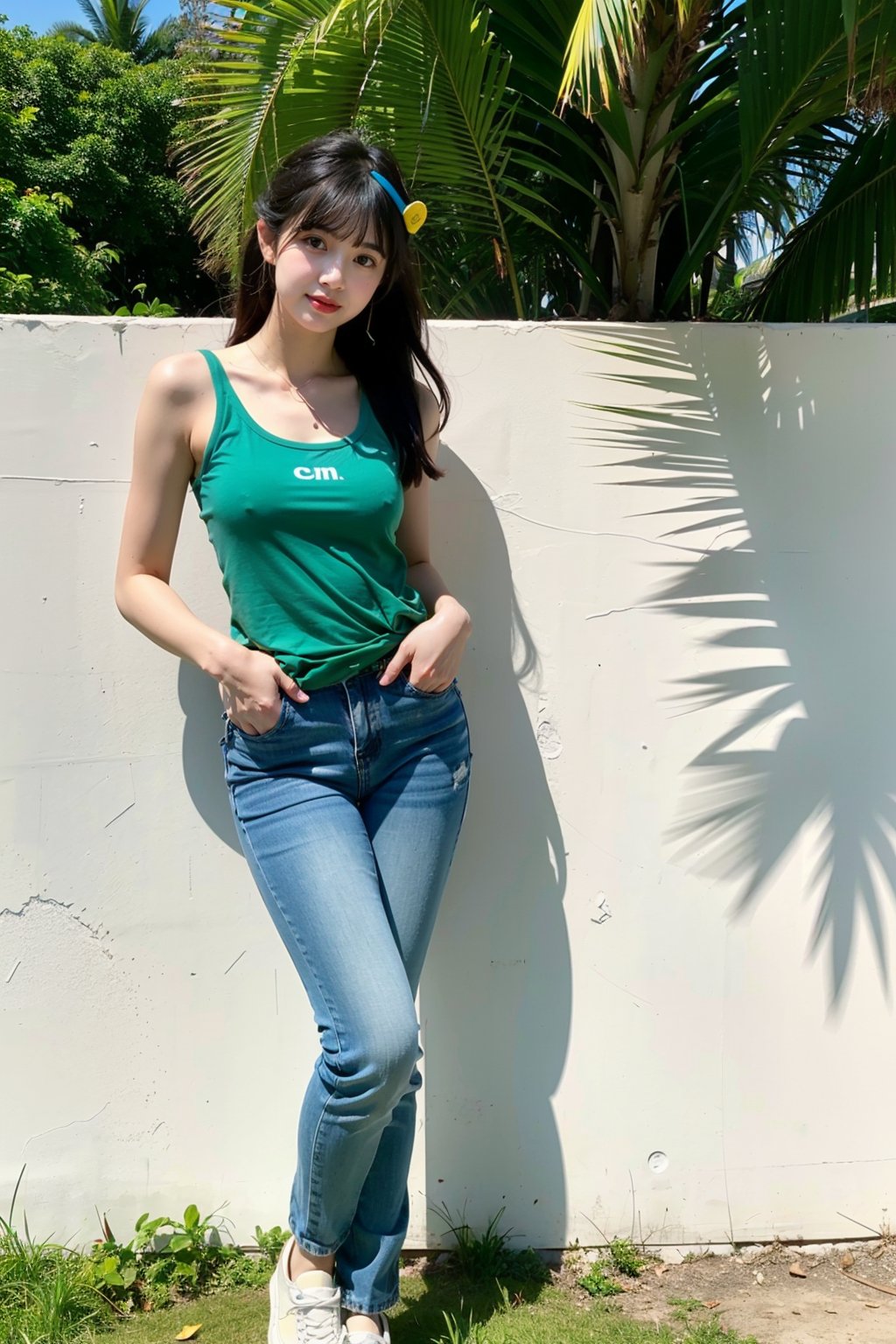 woman, Asian ethnicity, palm trees, casual fashion, denim jeans, sleeveless print top, sunny day, standing pose, hand in pocket, natural light, green foliage, outdoor setting, serene expression, long hair, sneakers, youth, tropical vibe, relaxed posture, clear sky, daytime, nature background, fashion accessory - headband