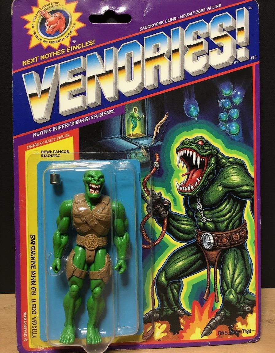 "Venomax", a sinister snake-like villain with glowing green scales and mechanical enhancements. The figure is poised to strike in its original 90s packaging, with a ral-afpacking emblem near the bottom-left. The backdrop features a dark, venom-filled laboratory with shattered glass vials and toxic smoke rising.<lora:ral-afpacking-flux:1>