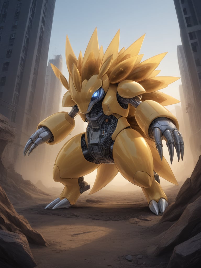 intricate details, extreme detail, Detailed face, beautiful, Expressive,very aesthetic, colorful, lots of small parts, surreal, abstract,ruined city, mecha, robot,translucent, (Bioluminescence:1.2), transparent armor,<lora:Sandslash:1> Sandslash, quills, claws, yellow body, white stomach, pokemon (creature) || Blue eyes,