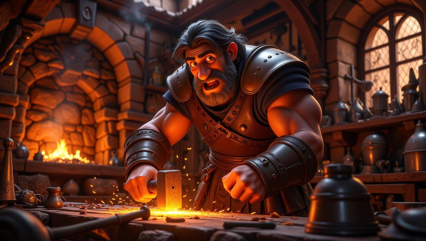 A rugged blacksmith, with muscular arms and a weathered face, hammers away at a glowing piece of metal in a smoky, fire-lit forge. Sparks fly as the hammer strikes, and the blacksmith’s intense focus is evident in his furrowed brow. Around him, various weapons and armor pieces are displayed, hinting at his mastery of the craft. The style is gritty and powerful, capturing the raw energy of the blacksmith’s work and the medieval craft of weapon-making     <lora:Cute_3d_Cartoon_Flux:0.6>