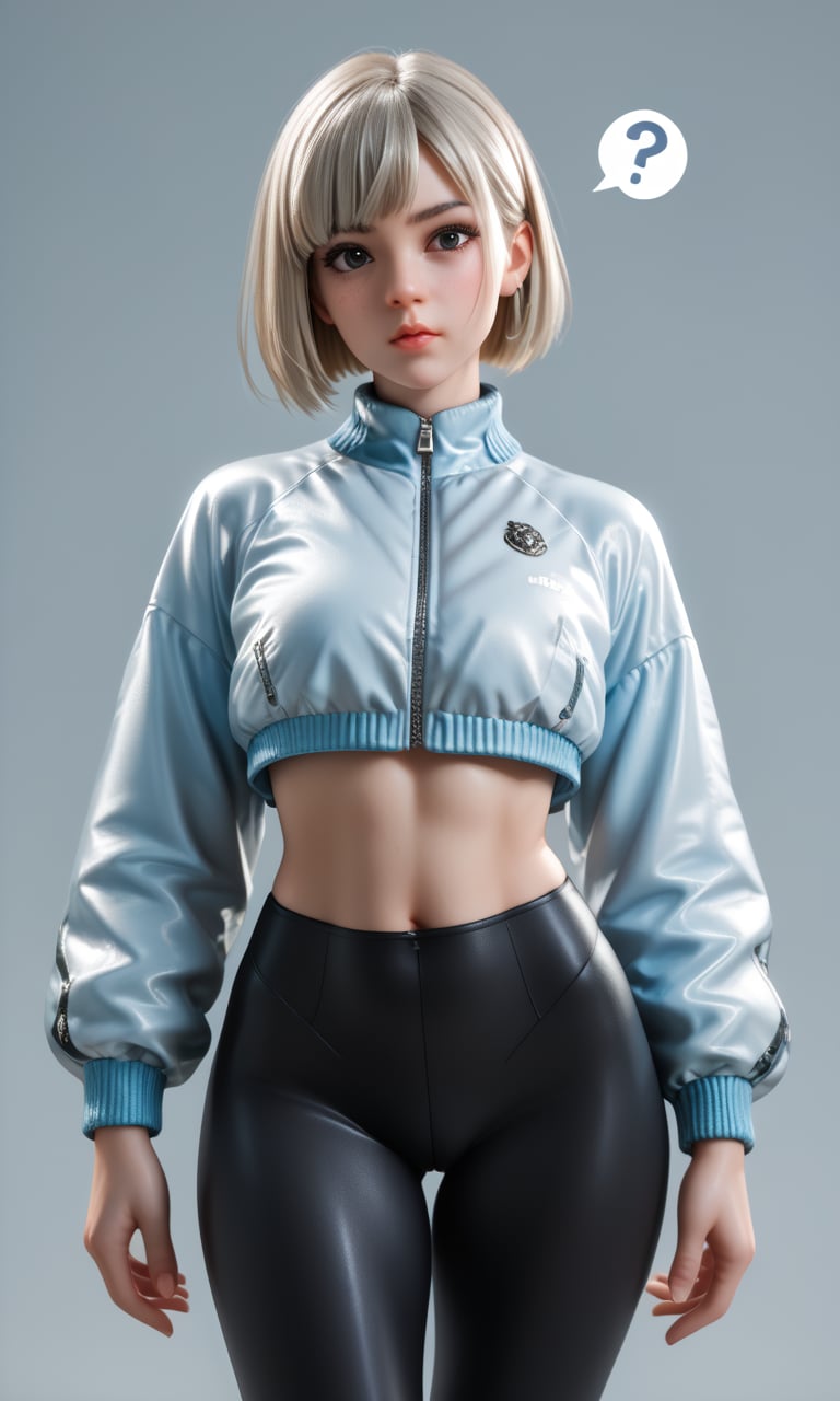 score_9, score_8_up, score_7_up, score_6_up, score_5_up, score_4_up, detailed face and eyes, BREAK, 1lady,solo,leggings,cropped top,jacket,platinum blonde,bob cut,cowboy shot,black eyes,a hovering question mark