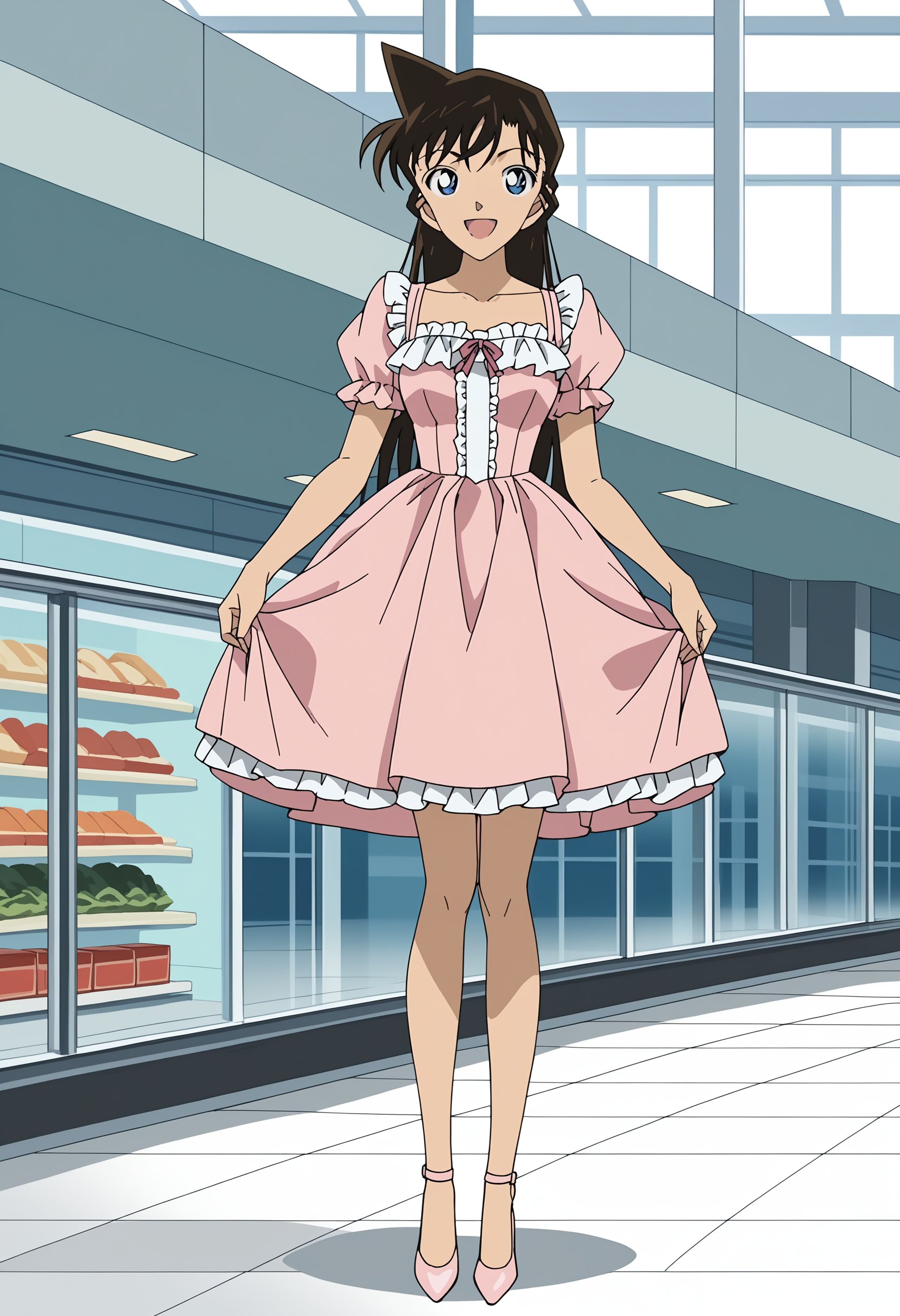 score_9, score_8_up, score_7_up, source_anime, official art style, masterpiece, anime screencap, safe for work, Detective Conan art style,in a shopping mall,<lora:Ran_Mouri:1>1girl, solo, long hair, brown hair, blue eyes, bangs, frilly pink dress, bare legs, pink high heels, looking at the viewer, happy girl, :D, looking at the viewer, full body shot