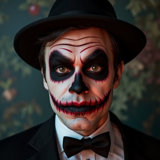 A man in a Halloween costume with detailed face makeup